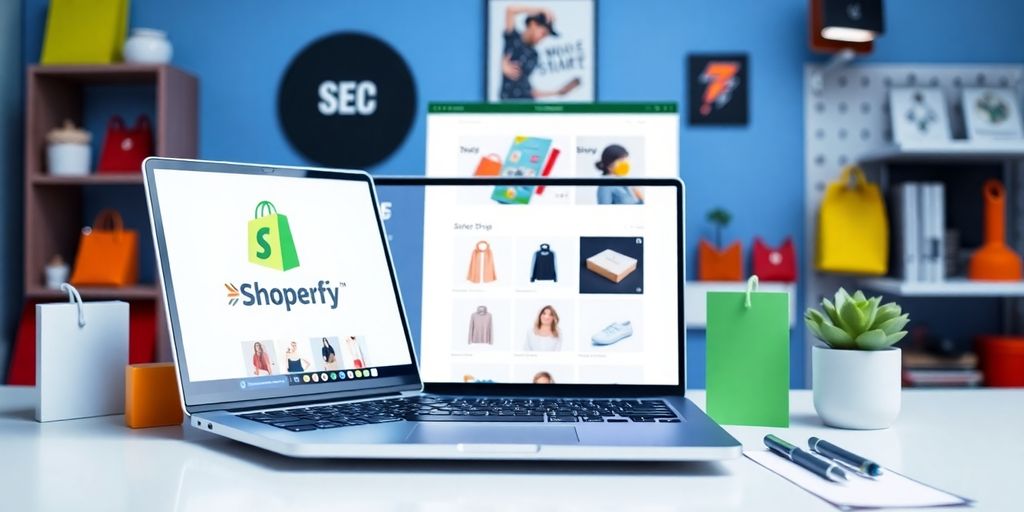 Photograph of a modern Shopify store setup with laptop.