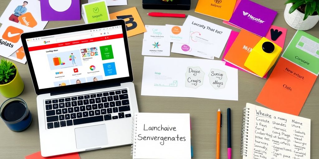 Colorful workspace with laptop and branding materials.
