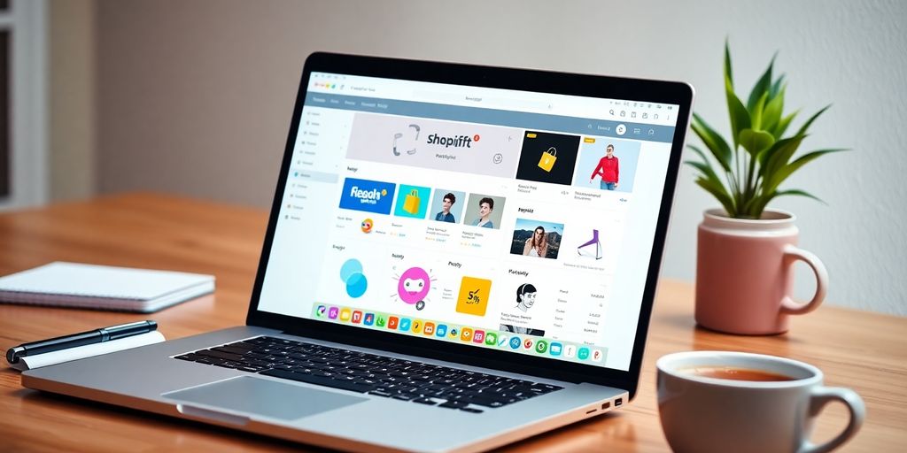 Laptop displaying Shopify dashboard with workspace elements.