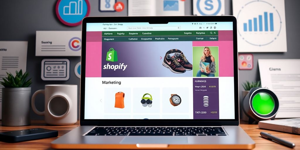Laptop displaying Shopify store with SEO elements around it.