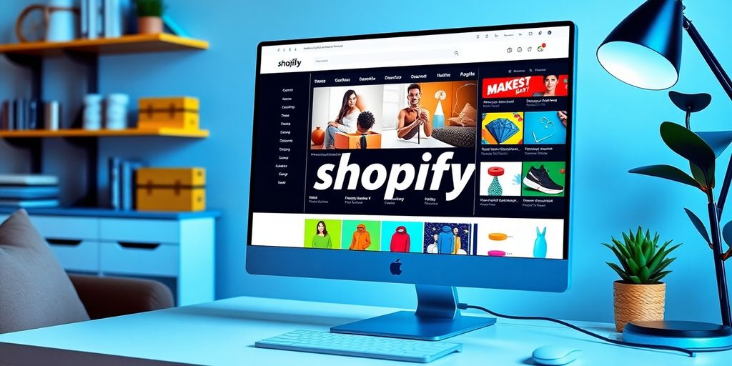Bright workspace with Shopify dashboard and products displayed.