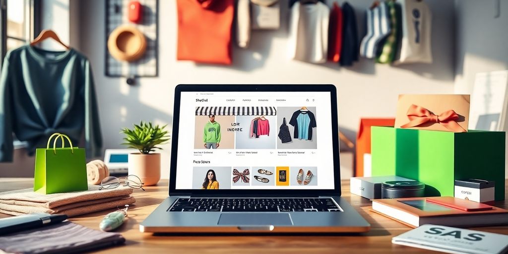 E-commerce workspace with laptop and products on desk.