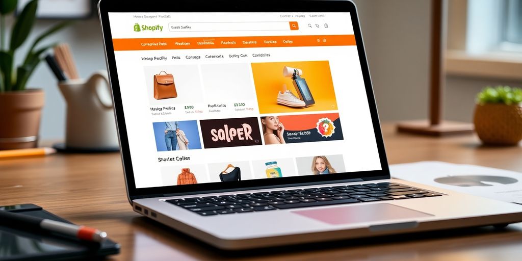 Laptop displaying a well-organized Shopify store interface.