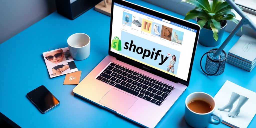 A workspace with a laptop and e-commerce tools.