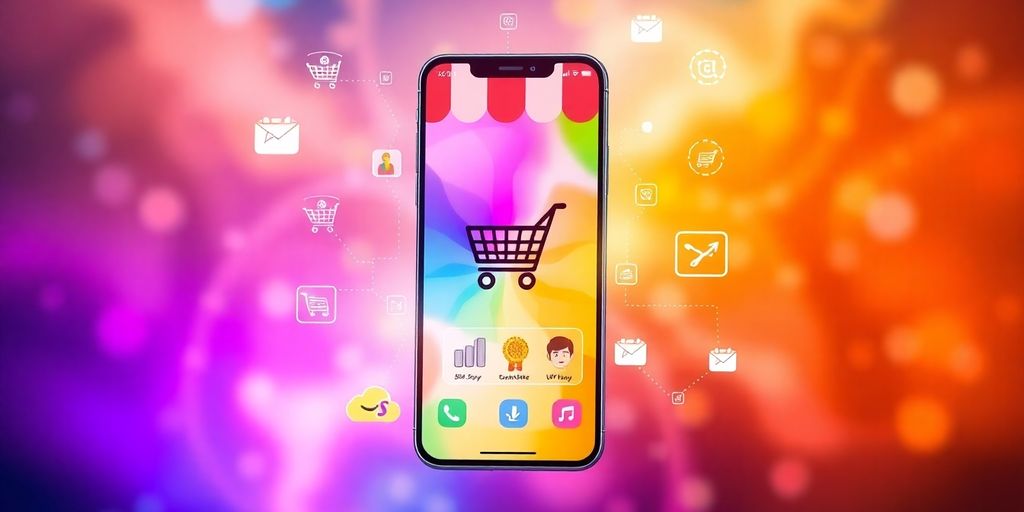 Smartphone displaying vibrant e-commerce app interface with shopping elements.