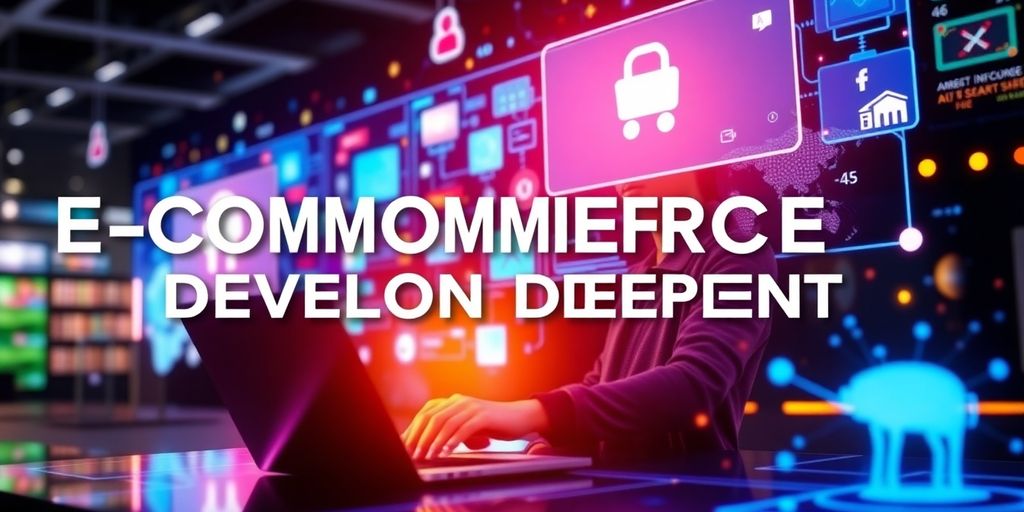 Person working on laptop with digital e-commerce elements.