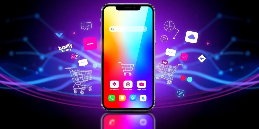 Smartphone with e-commerce app and digital shopping icons.