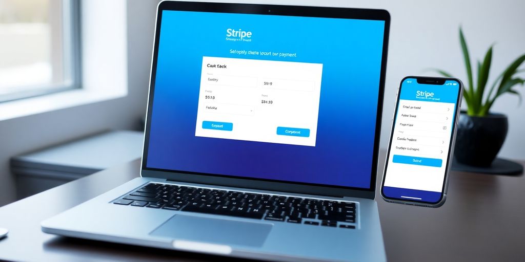 Payment interface with Stripe Checkout on laptop and smartphone.