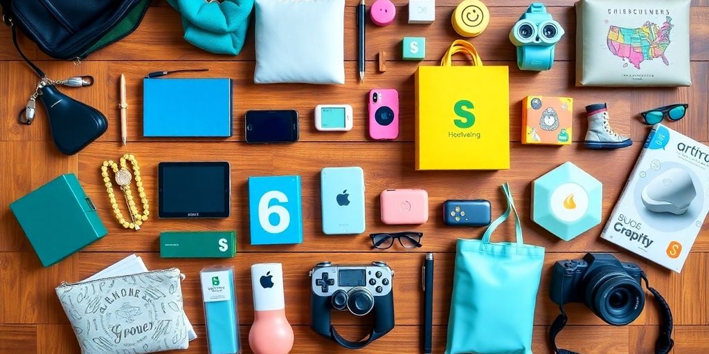 Colorful assortment of trendy dropshipping products on a table.
