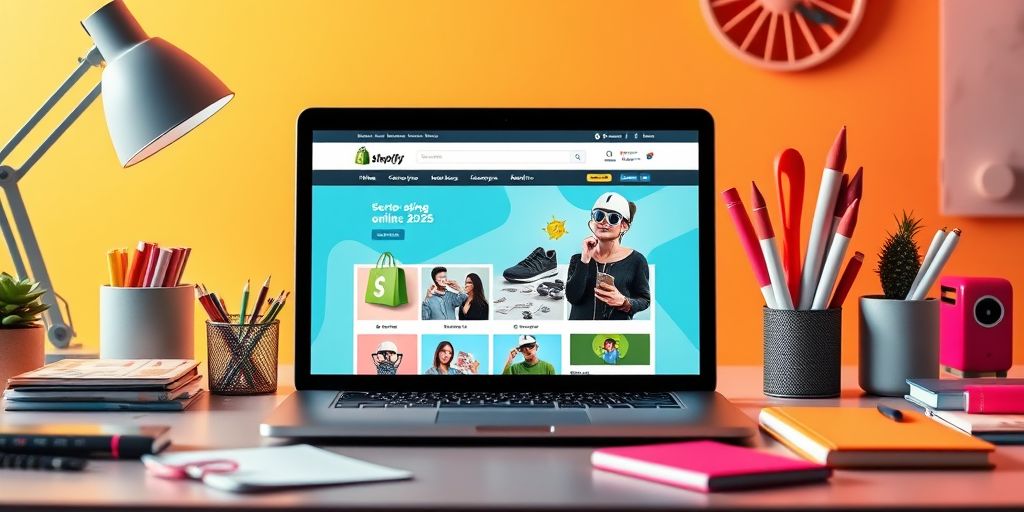Modern workspace with laptop and e-commerce tools.