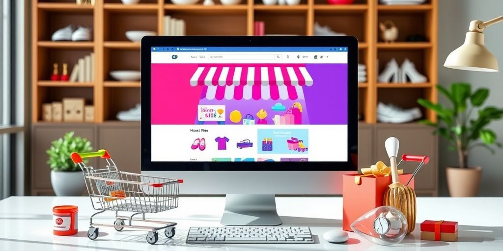 Colorful e-commerce store interface on a computer screen.