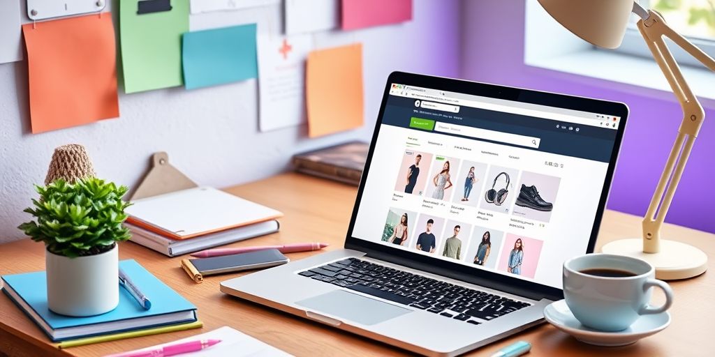 Laptop with Shopify store in a modern workspace.