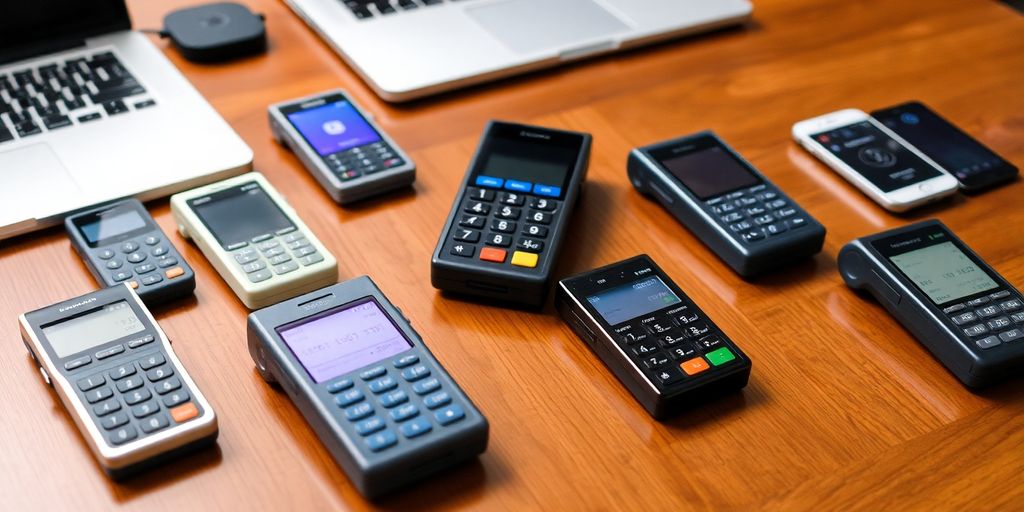 Modern card readers on a table with tech devices.