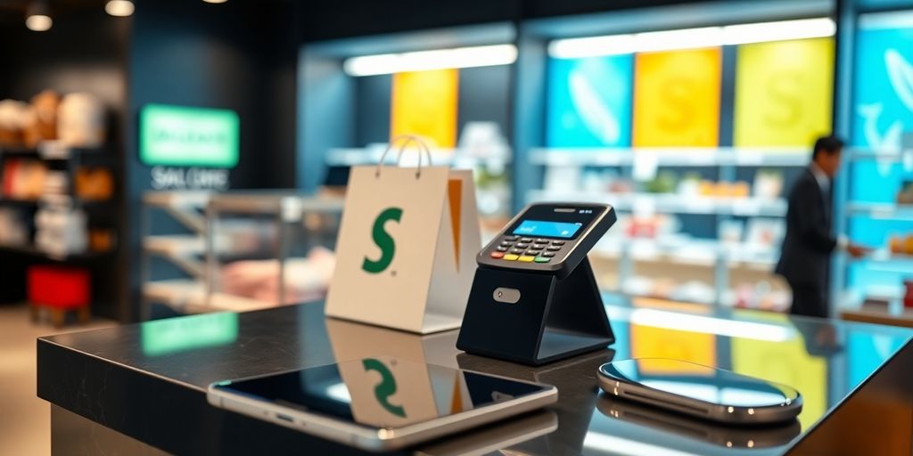 Shopify card reader and smartphone on a retail countertop.