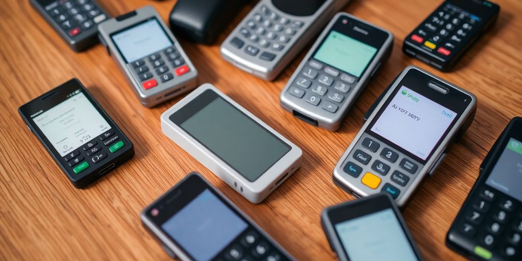 Modern card readers displayed on a wooden surface.