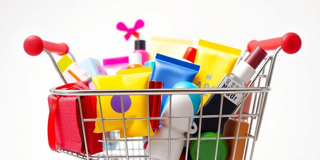 Colorful e-commerce cart filled with various products.