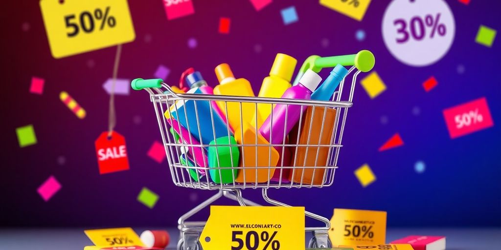 Colorful shopping cart filled with products and promotions.