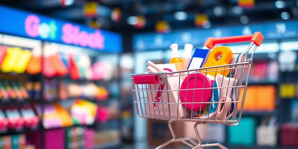 Colorful shopping cart filled with various products.