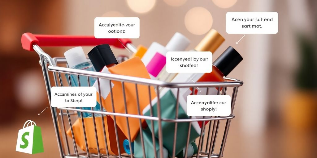 Shopping cart filled with colorful products on a soft background.