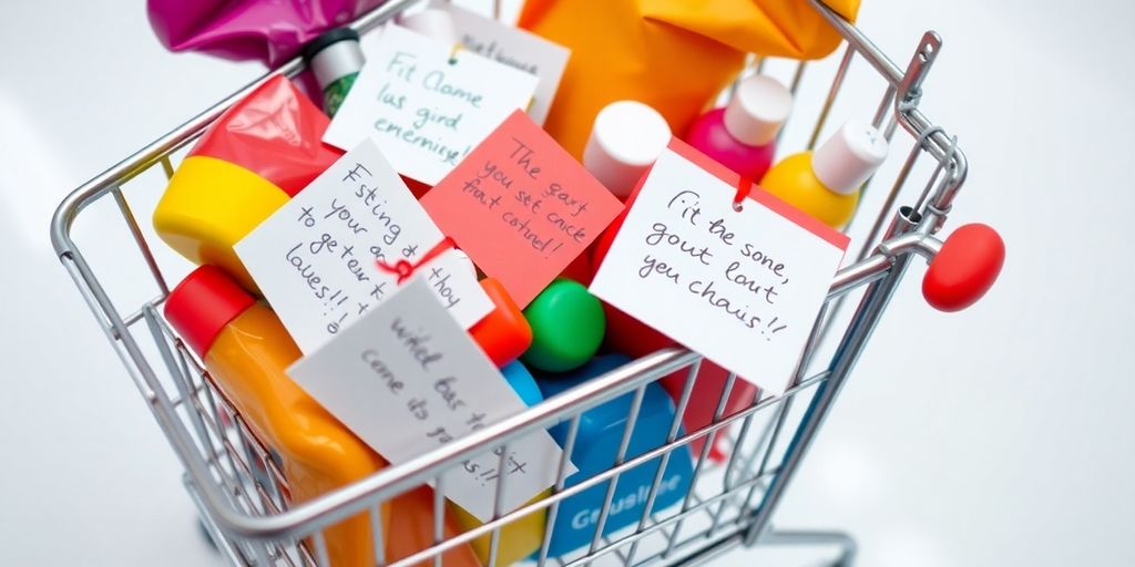 Colorful shopping cart with handwritten notes attached.