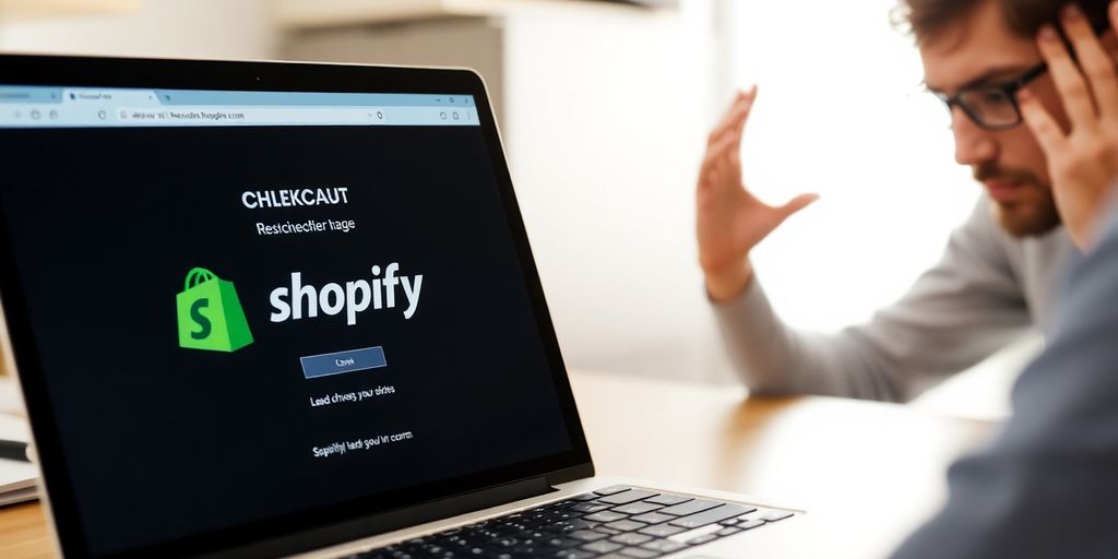 Laptop screen displaying a loading Shopify checkout page.