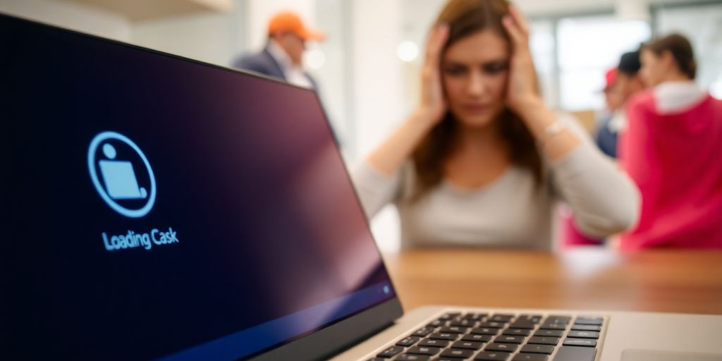 Frustrated shopper with laptop showing loading checkout screen.