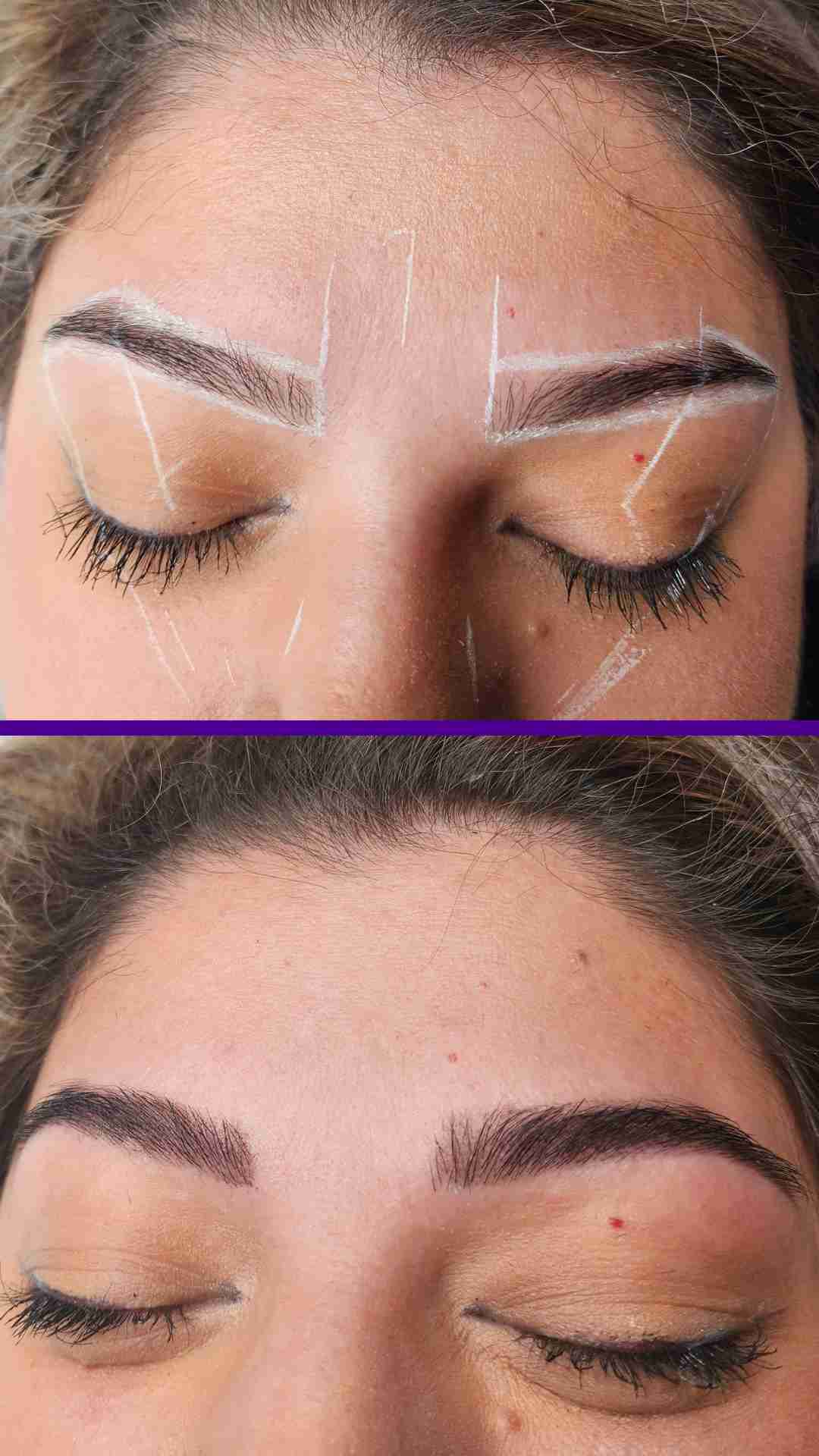 Before and after hybrid brow shaping and dye: Top half displays uneven and sparse eyebrows; bottom half shows well-defined and filled eyebrows.