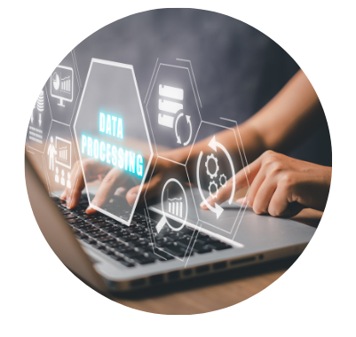 icone accompagnement laptop PC main qui tape sur le clavier Data Processing