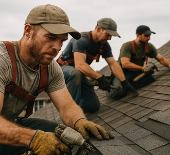 Équipe de couvreurs posant des bardeaux sur un toit — services toiture et charpente, devis en ligne site web web2success