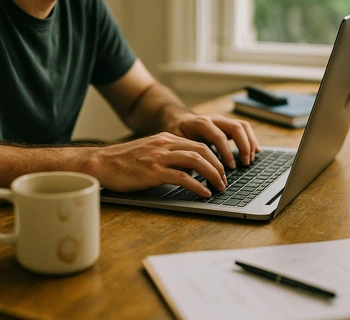 Mains tapant sur un ordinateur portable — consultant, formateur, freelance — site web web2success