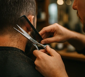 Coiffeur coupant les cheveux d’un client avec ciseaux et peigne — salon / barbier — site web web2success