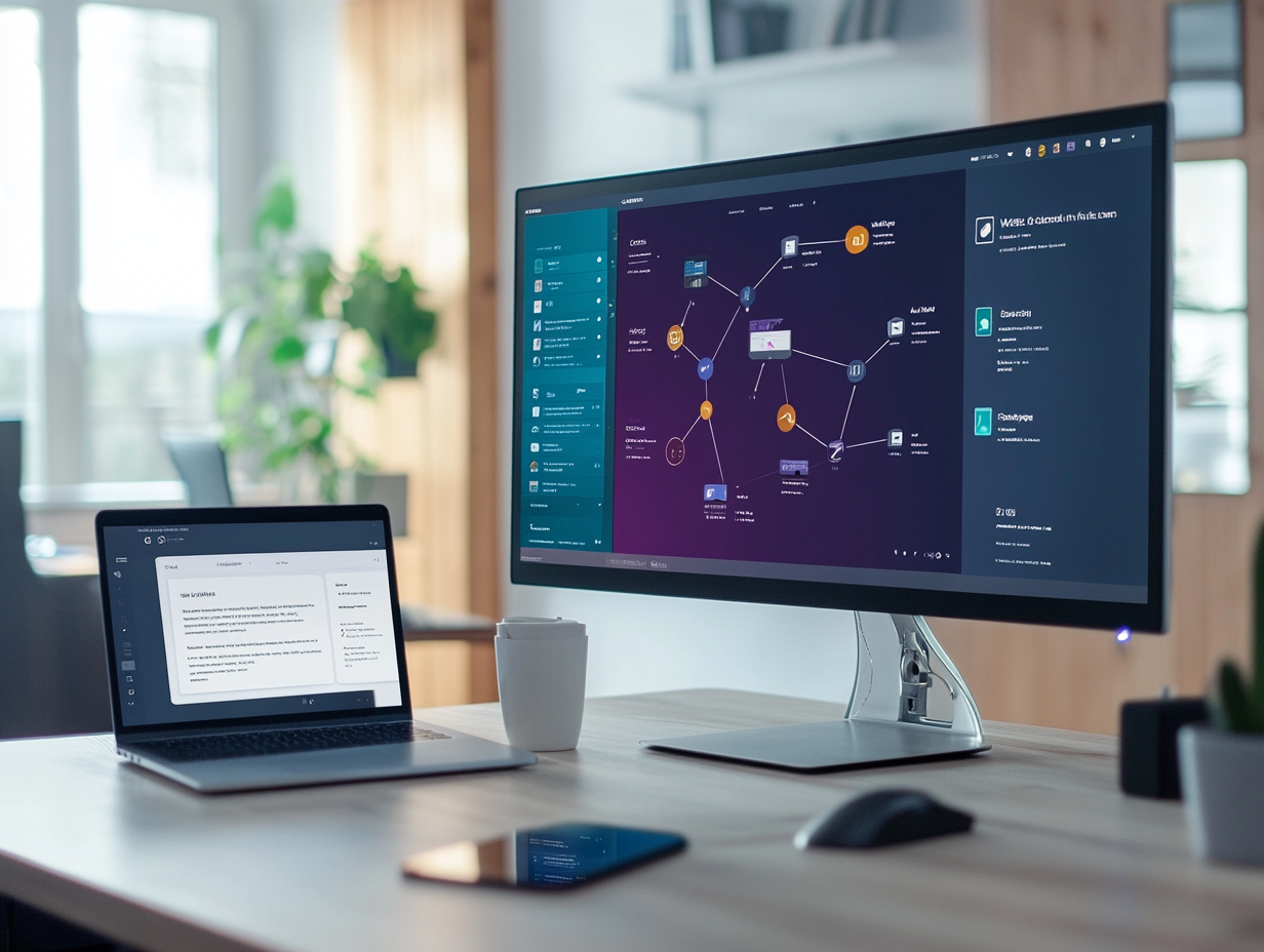 Paramétrage de l’agent IA Post2success et des automatisations Make sur un double écran d’ordinateur