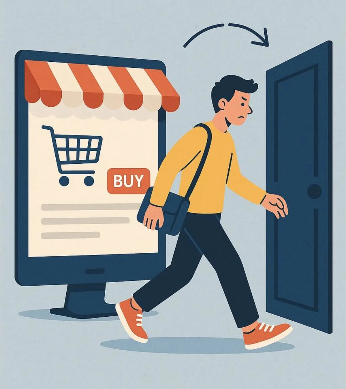 Illustration e-commerce : visiteur quitte l’écran d’achat vers une porte — site trop lisse, perte de leads.