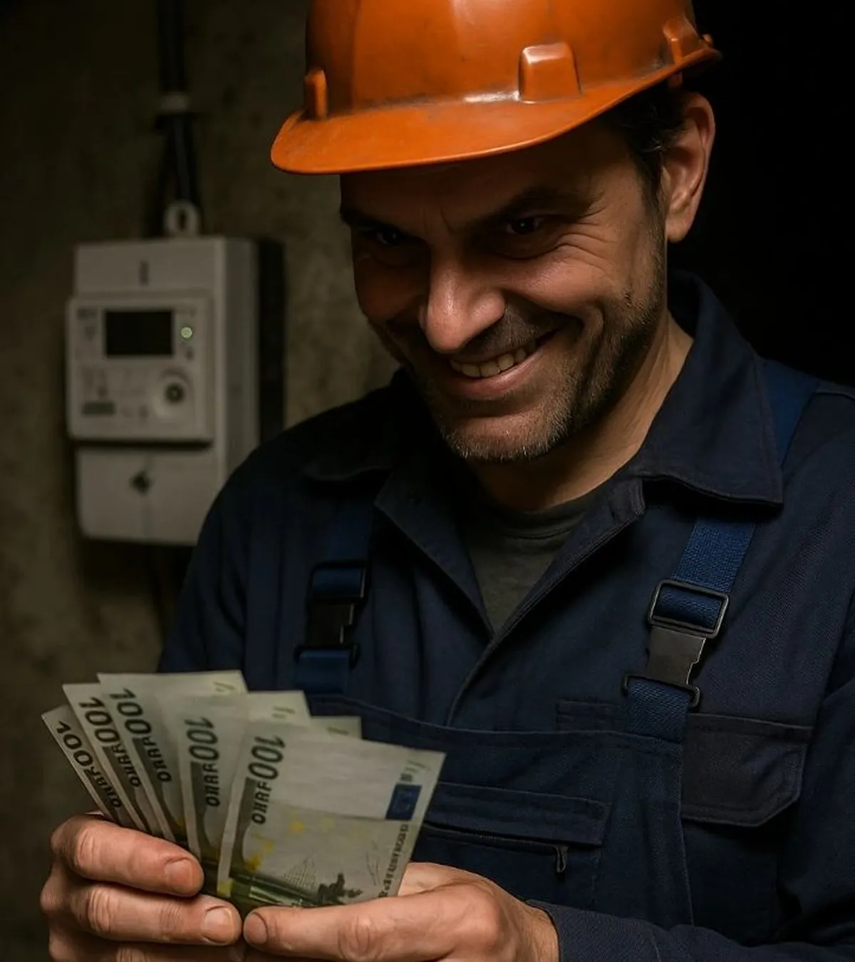 Électricien au casque orange comptant des billets d’euro, plan serré en atelier.