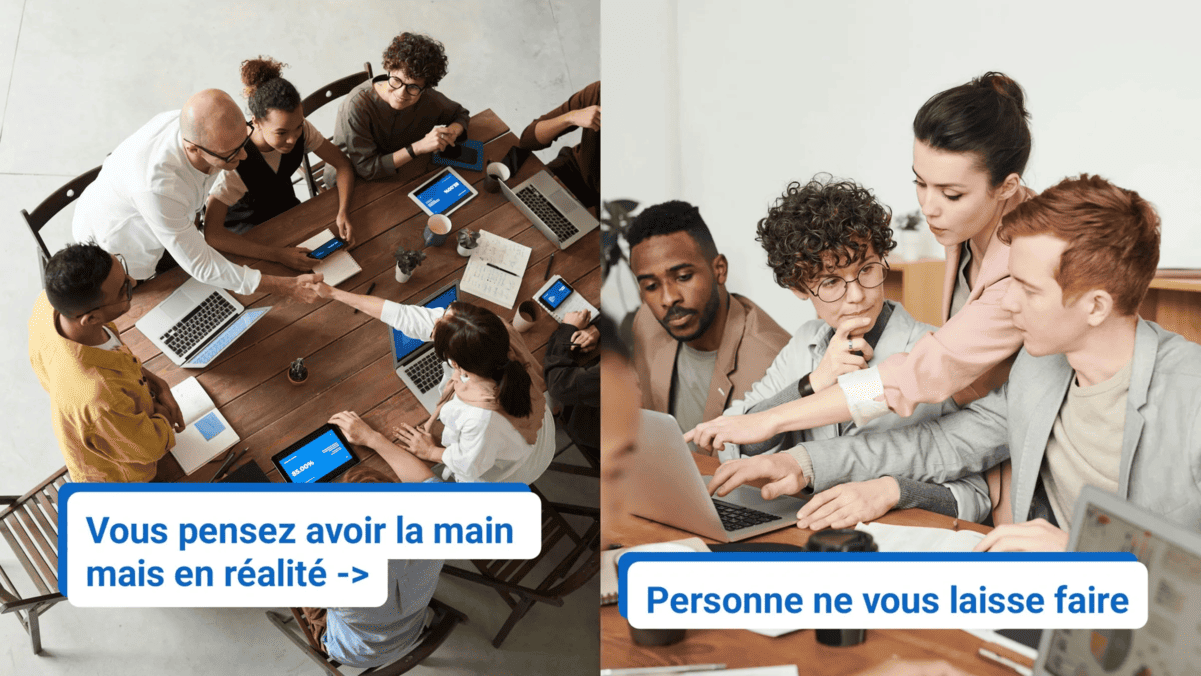 Réunions d’équipe : poignée de main puis consignes sur ordinateurs — coulisses d’un projet client.