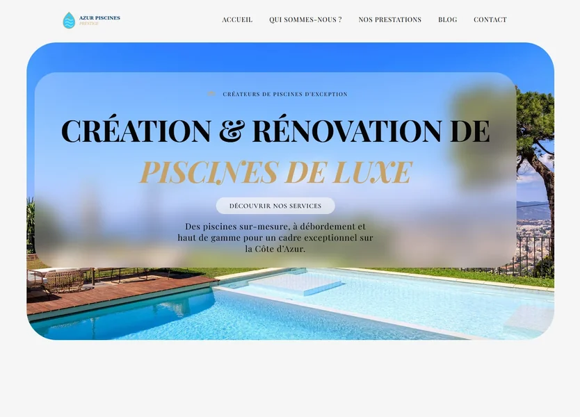 Page d'accueil du site web pour pisciniste – Azur Piscines Prestige avec design haut de gamme