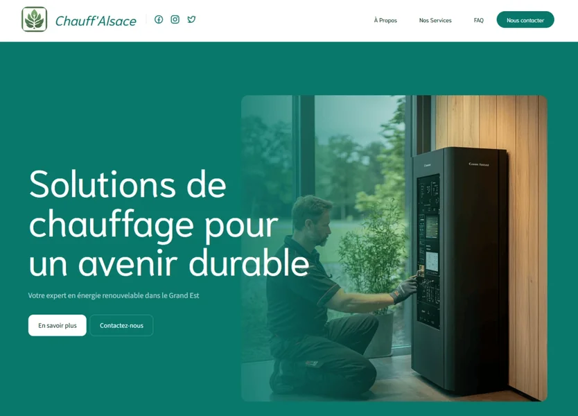 Page d’accueil du modèle de site web ChauffAlsace pour chauffagiste avec visuel de bâtiment résidentiel
