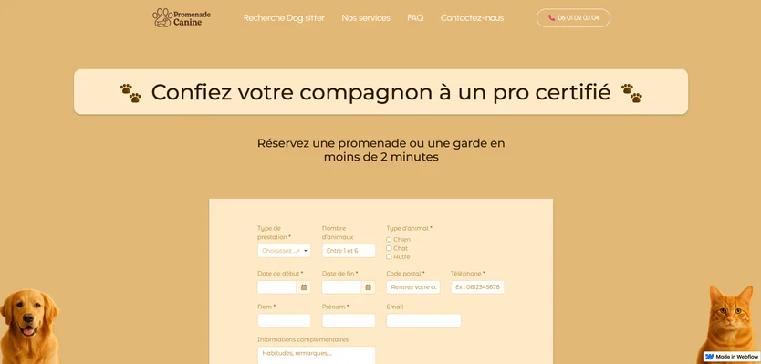 Page d’accueil du modèle de site One Page pour pet sitter – réservation en tête, offres, avis et FAQ – Promenade Canines