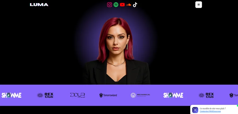 Page d’accueil du modèle de site pour DJ événementiel – lecteur audio, packs et demande de devis – DJ Luma