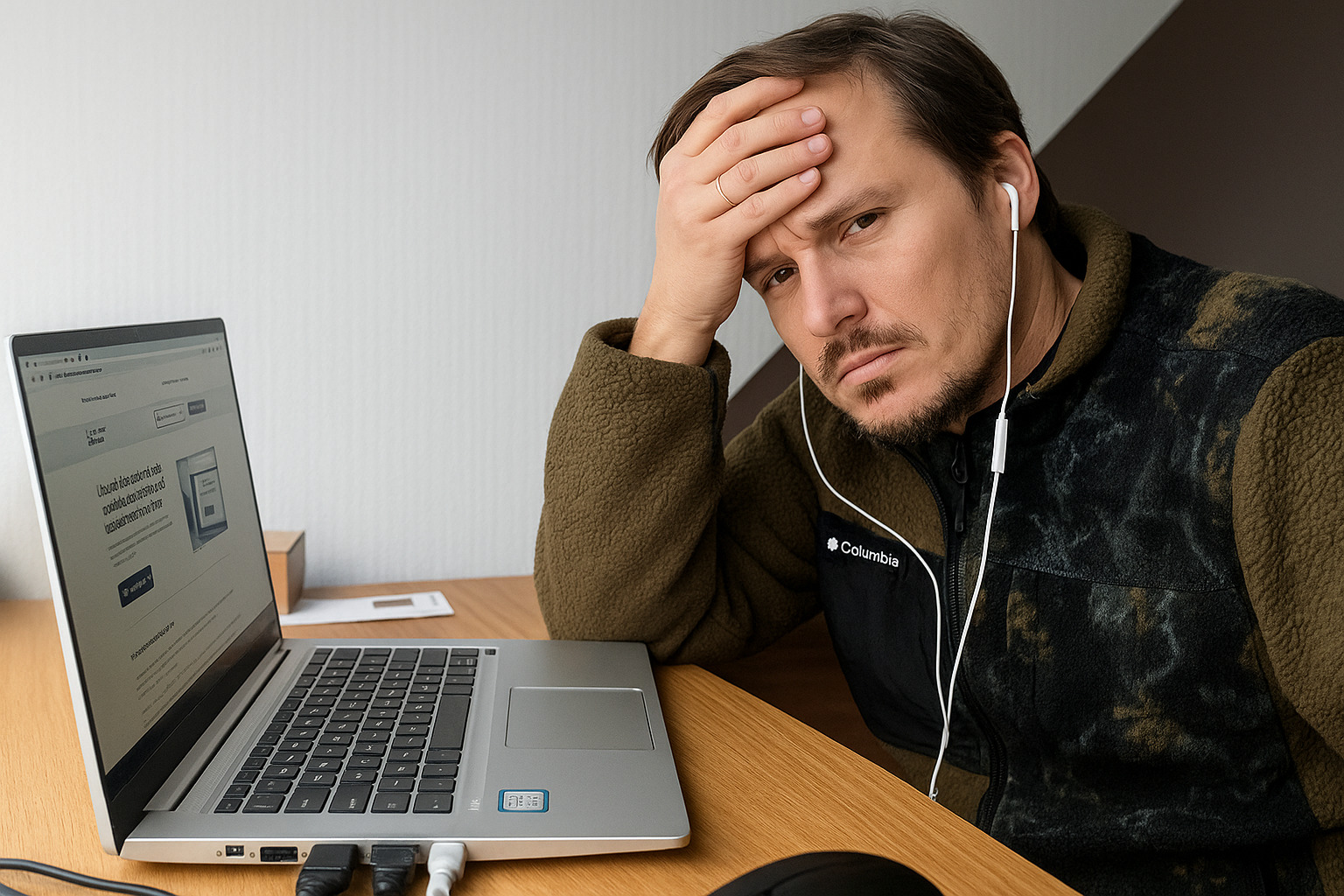Artisan qui regarde le site web de son entreprise sur un ordinateur et se demande pourquoi le téléphone ne sonne pas
