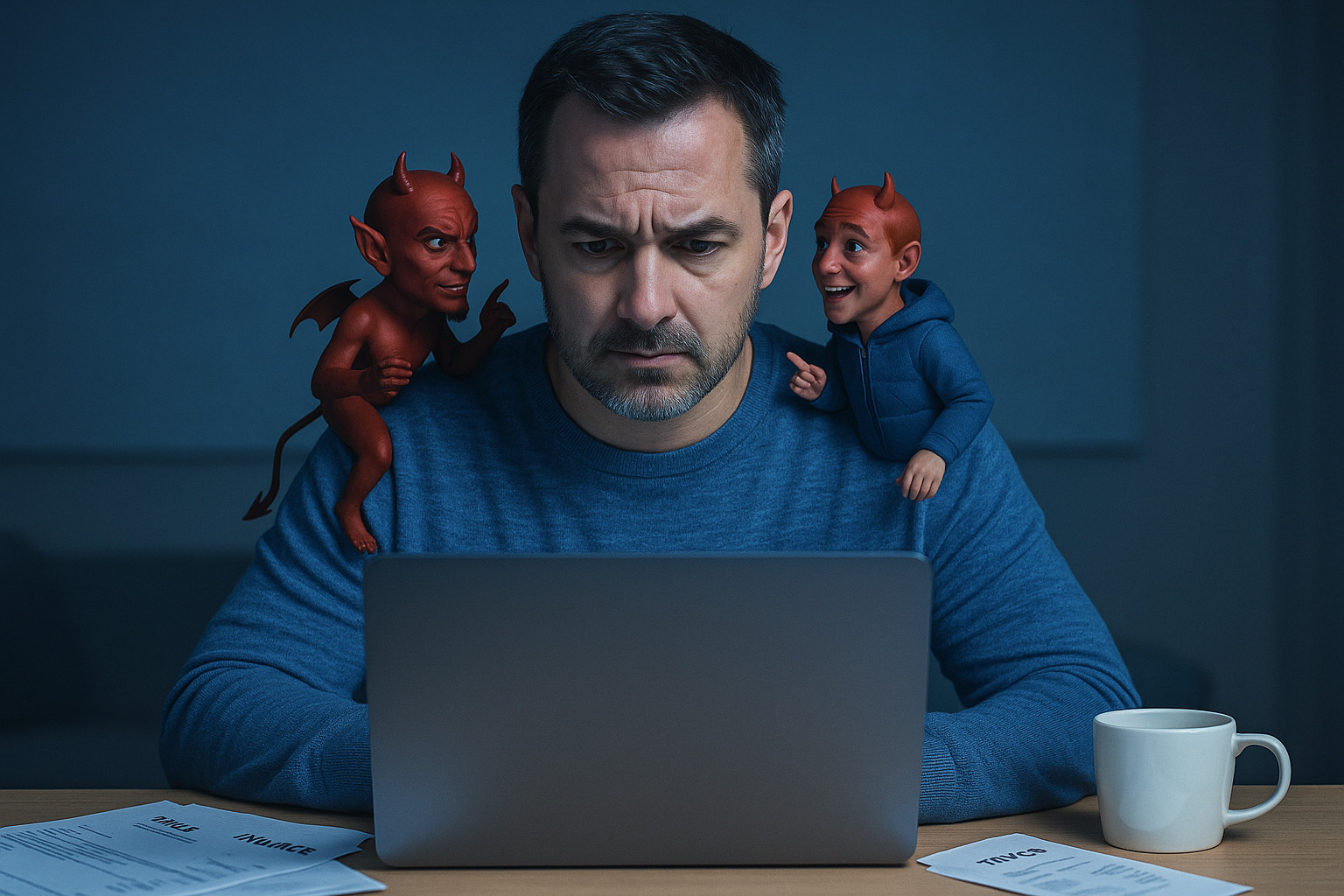 Entrepreneur concentré devant son ordinateur avec deux petits sosies diablotins sur les épaules, symbolisant le pire patron q