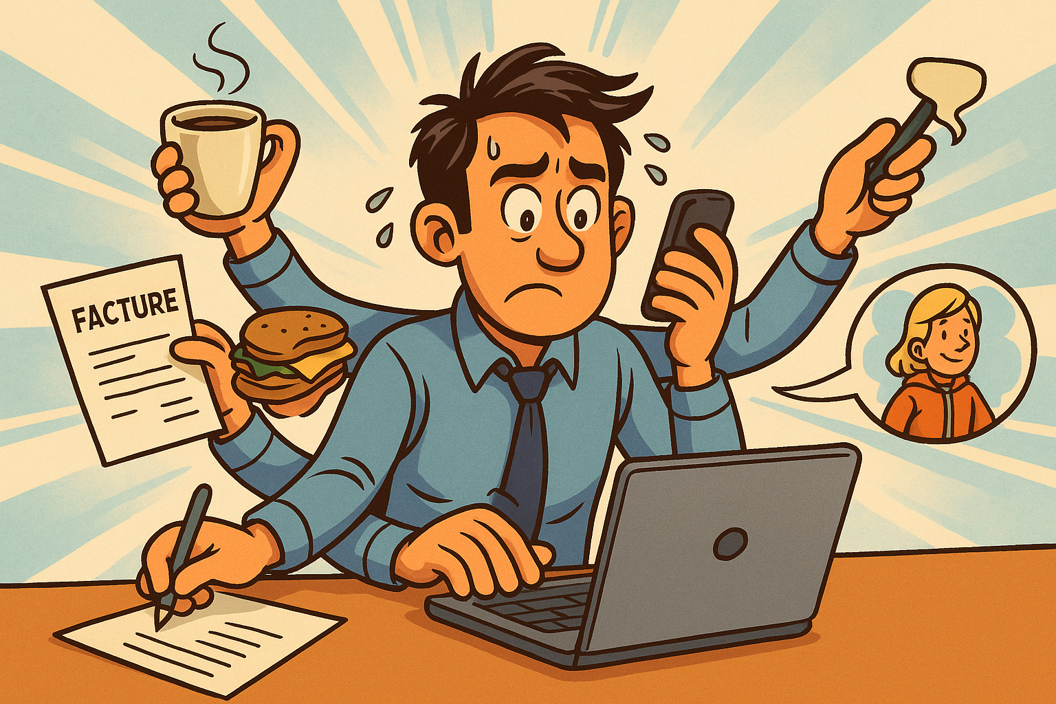 Illustration d’un entrepreneur débordé avec facture, téléphone, café et ordinateur, symbolisant toutes les tâches qui l’empêc