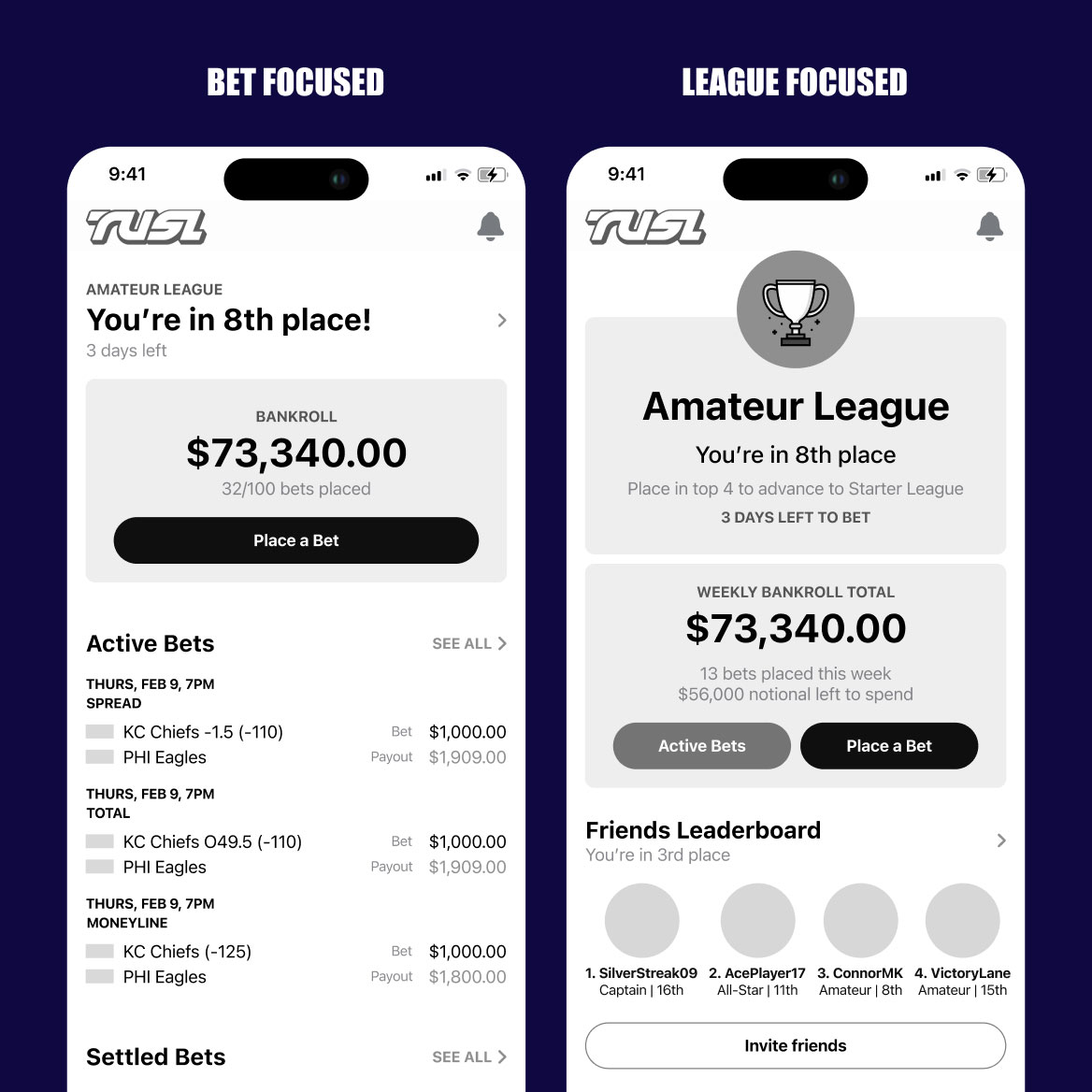 2 wireframe options of the home screen