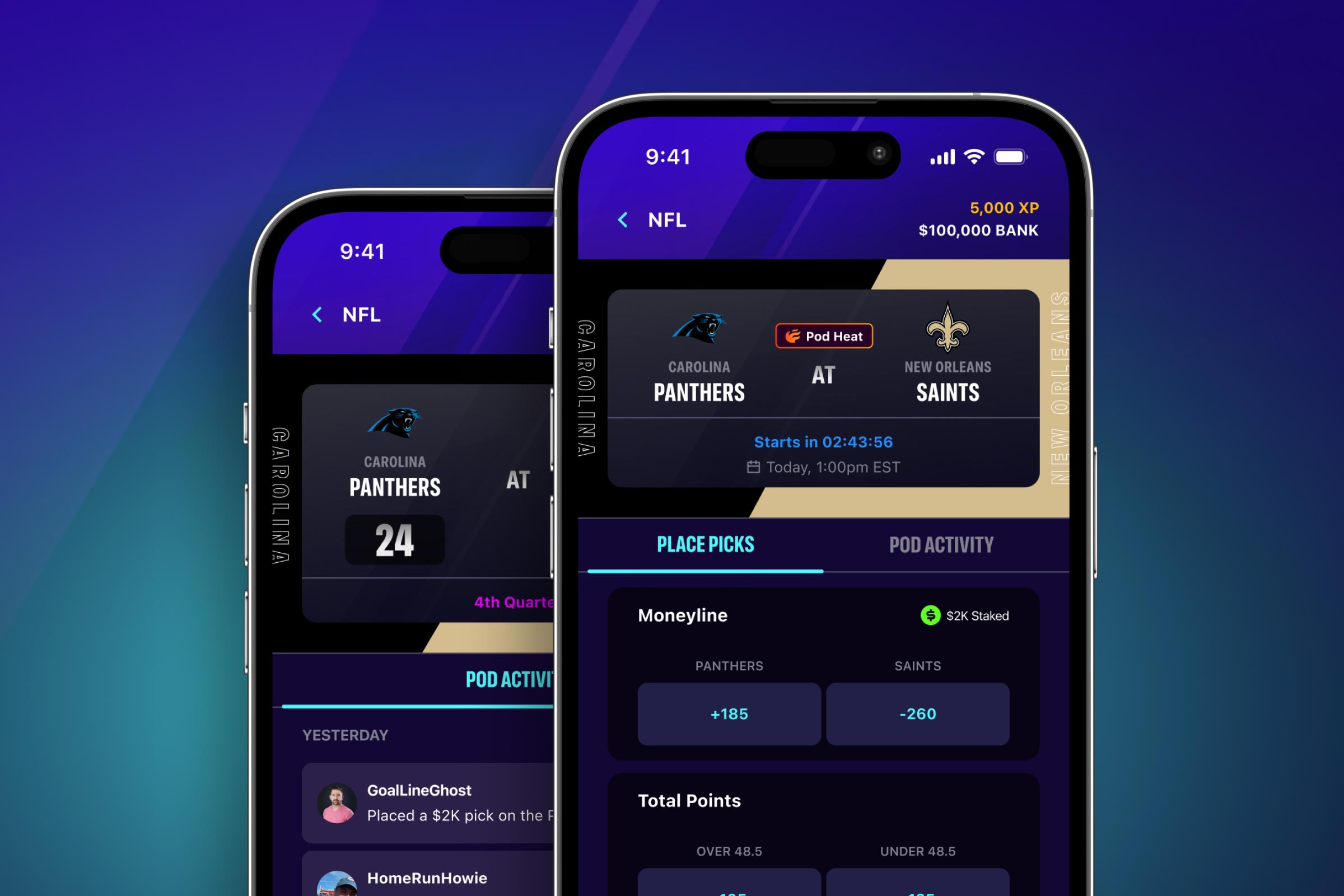 Two phone mockups showing a game for betting and the live view