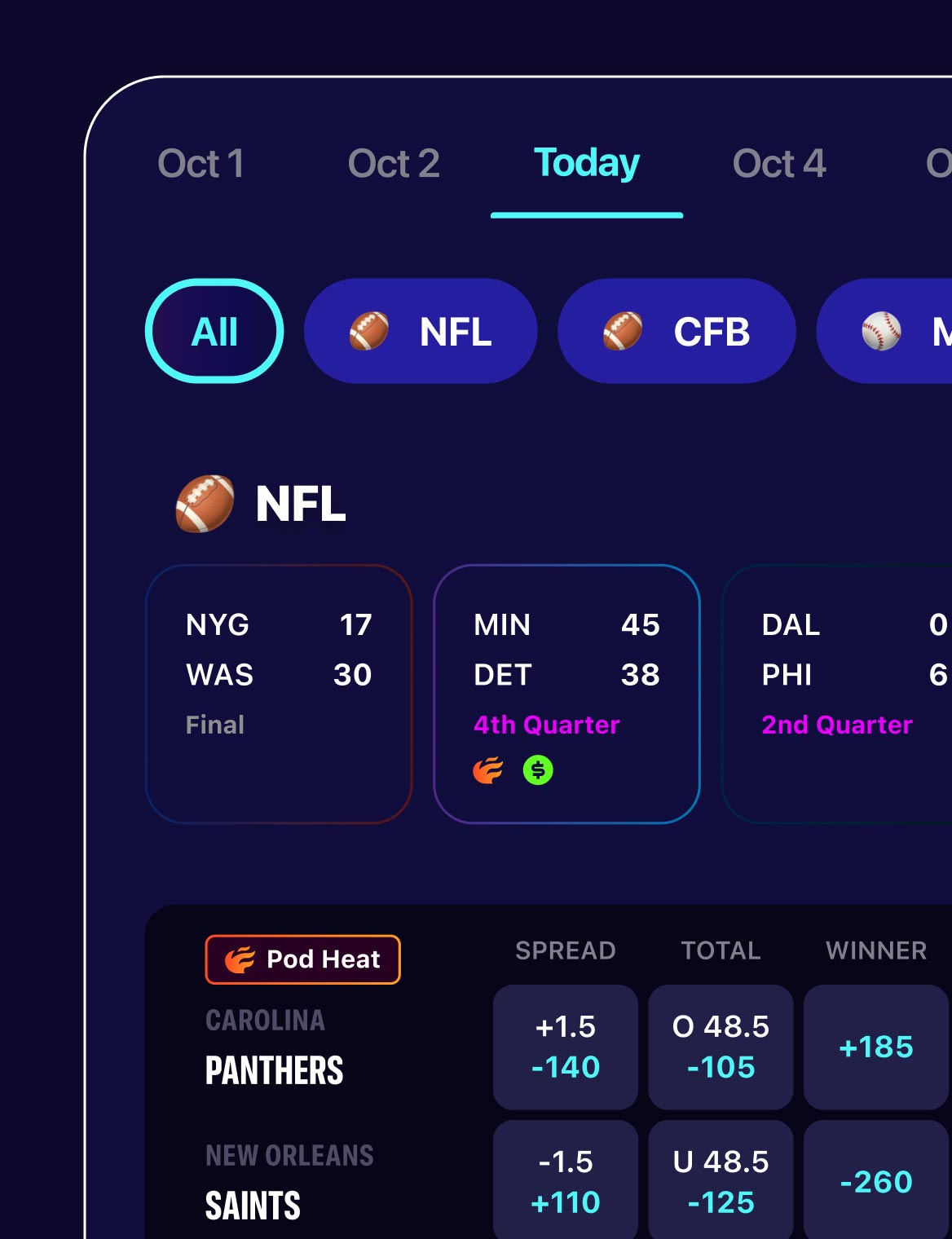 Place a pick screen with sports and bet options