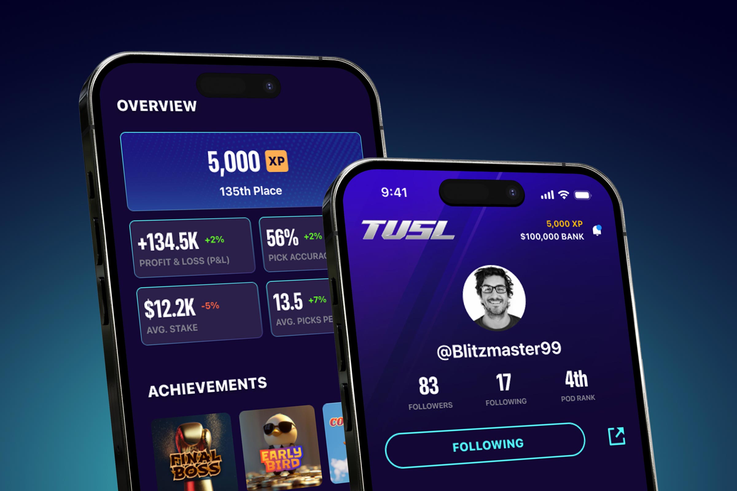 Two phone mockups showing the user profile