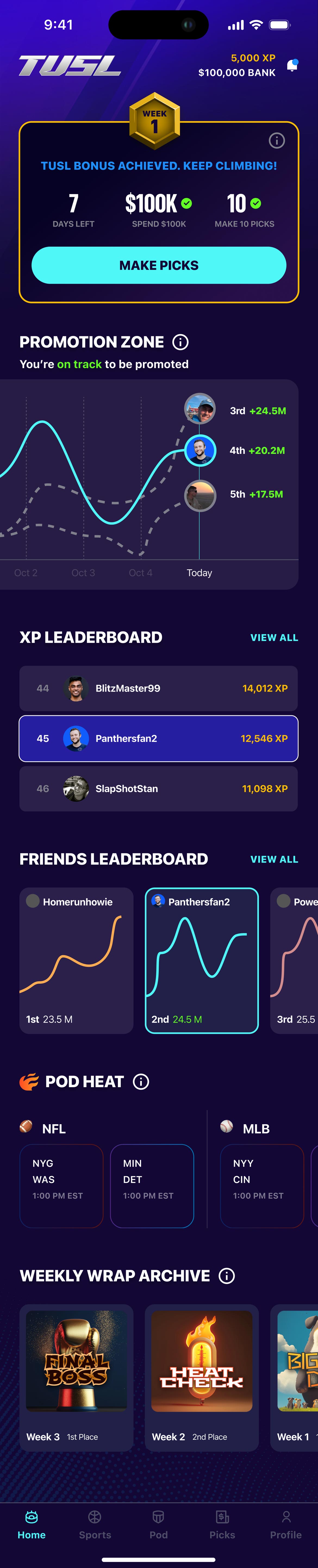 App homepage showing weekly progress, xp and friend leaderboards and badges