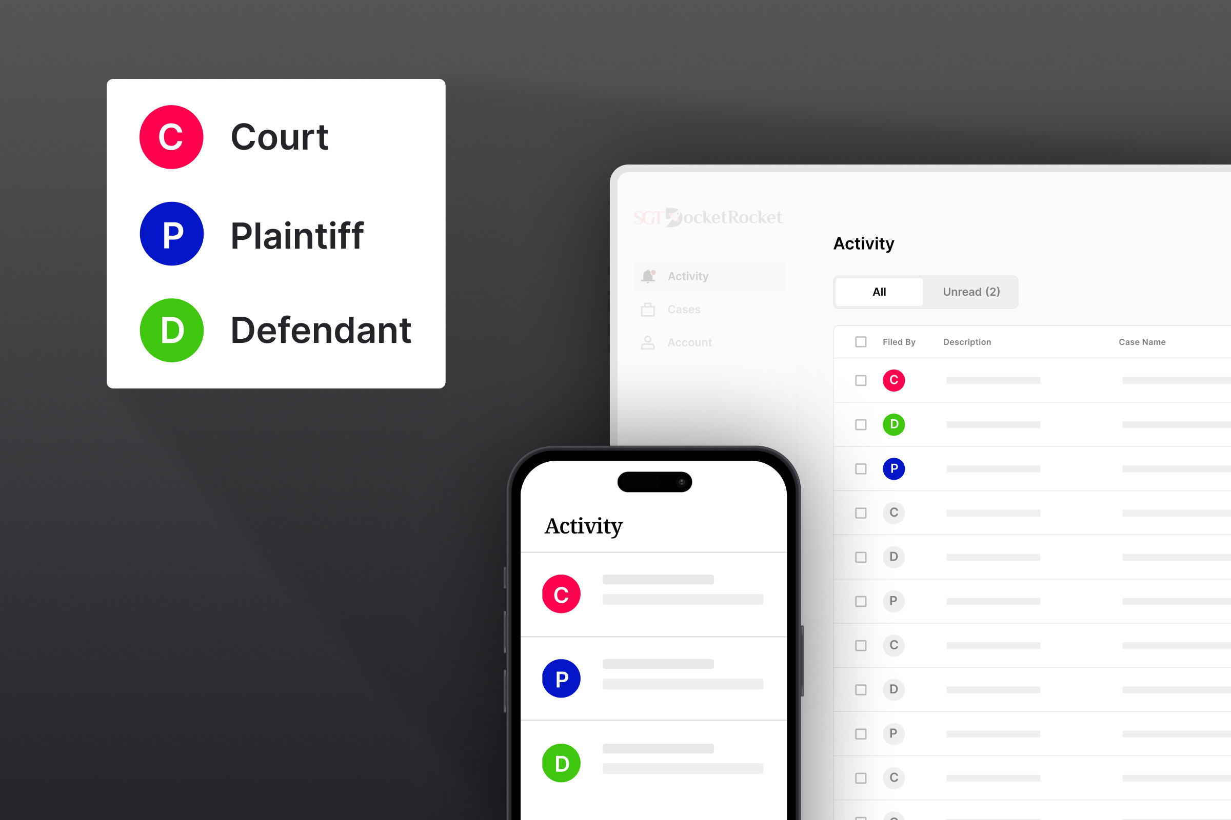 Activity labels, court, plaintiff and defendant