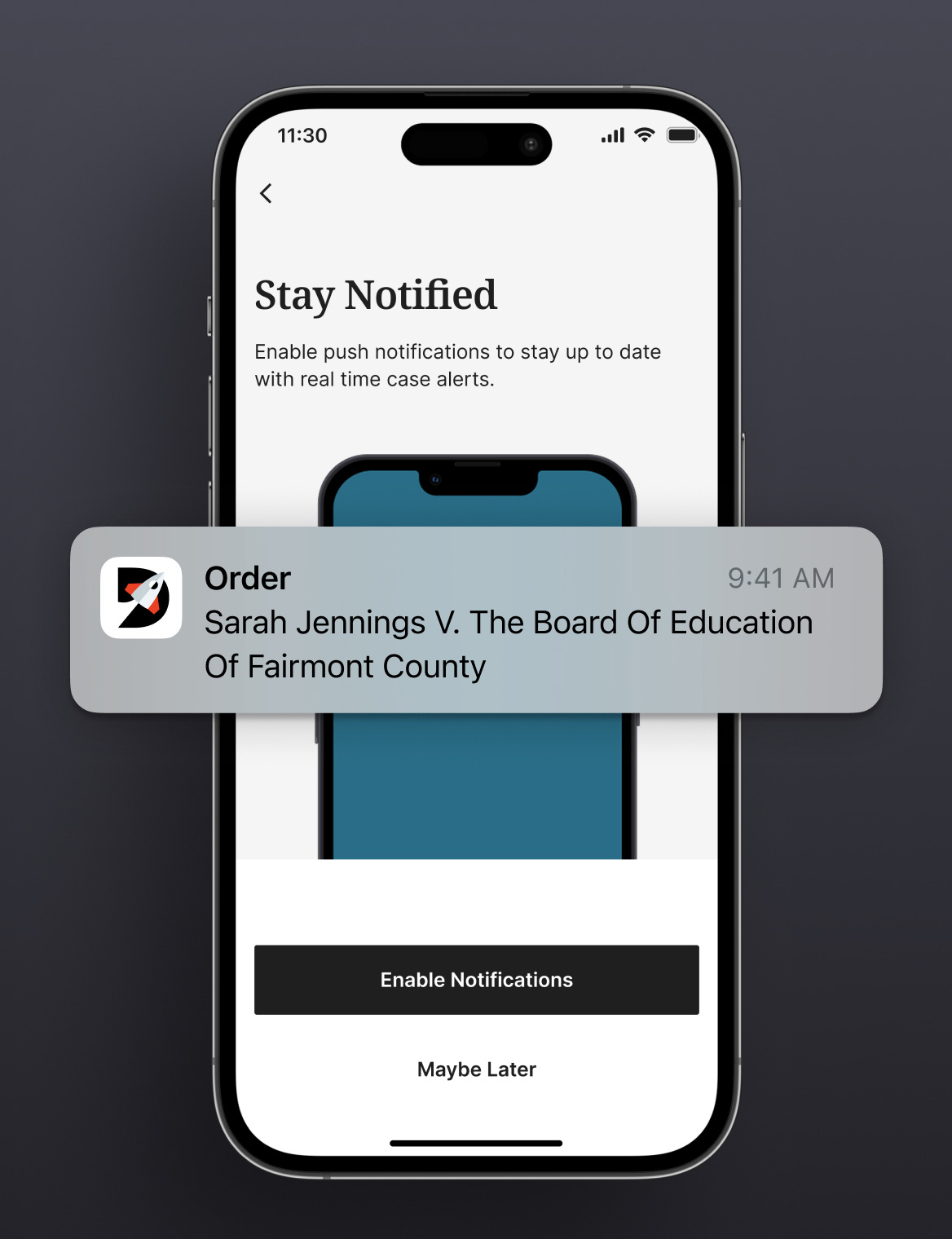 Notification alert overlaid on phone