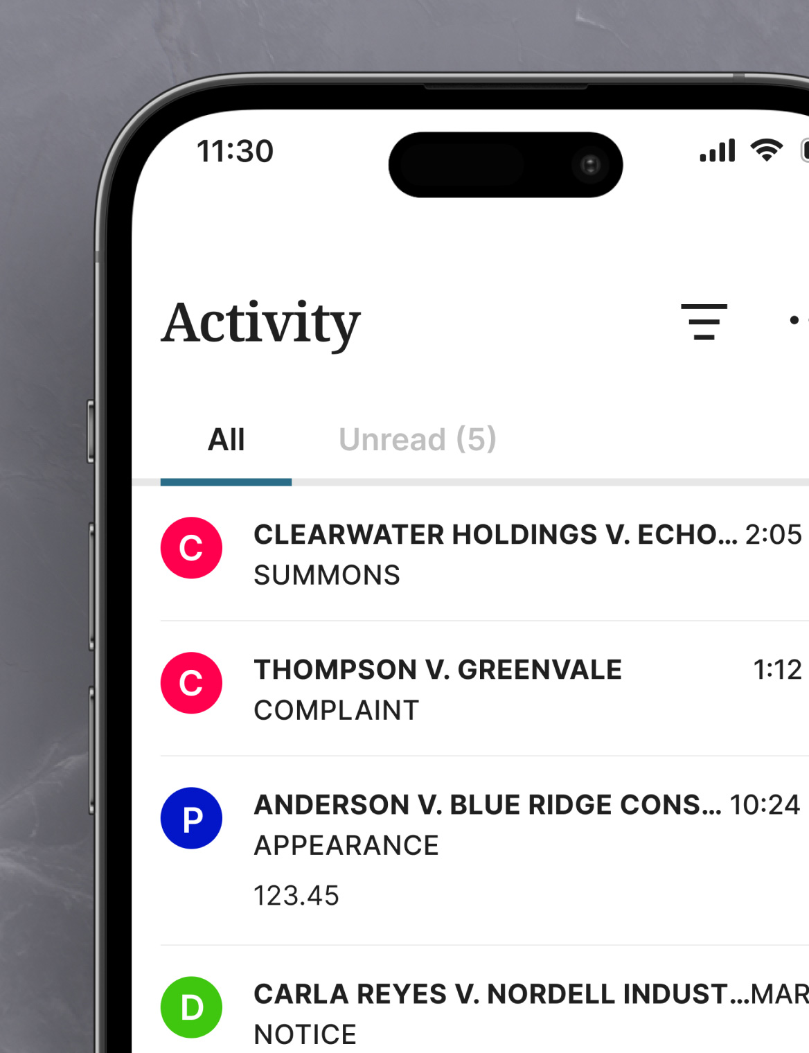 Phone with list of case activity